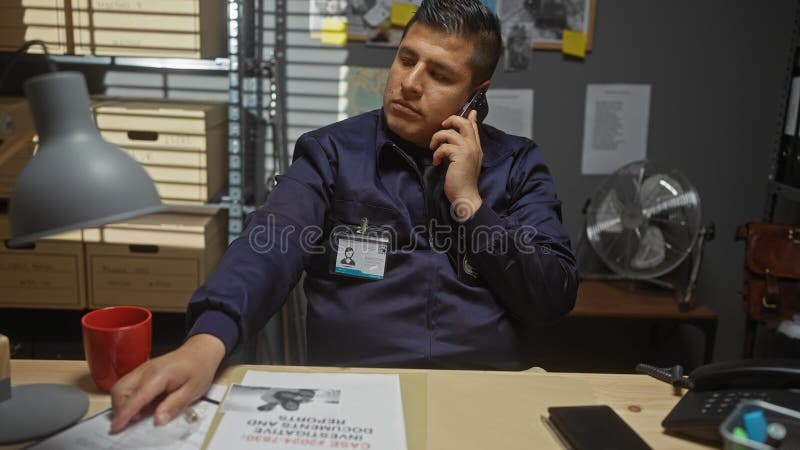 Om hispanic în biroul de detectivi vorbind la telefon în mijlocul materialelor de investigație care prezintă o ambianță profesiona stock photography