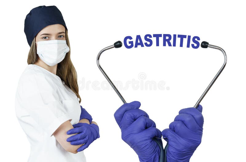 Om läkaren håller ett stetoskop mitt i finns det en sms gastrit. arkivfoton