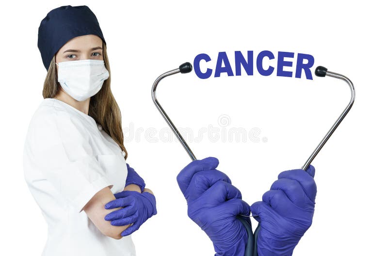 Om läkaren håller ett stetoskop mitt i finns det en textcancer. arkivbild
