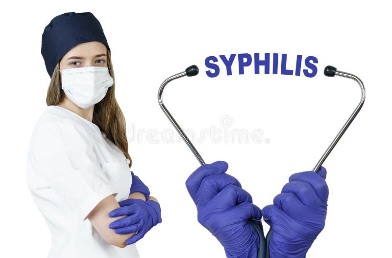 Om läkaren håller ett stetoskop mitt i finns en text syfilis. royaltyfria bilder