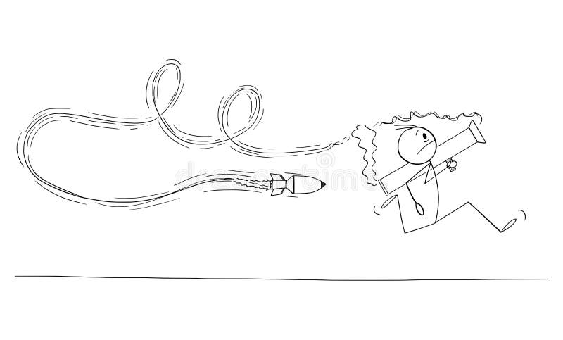 Om sau om de afaceri care trage din lansator de rachete propria lui rachetă îl urmărește ca model de desen animat stock illustration