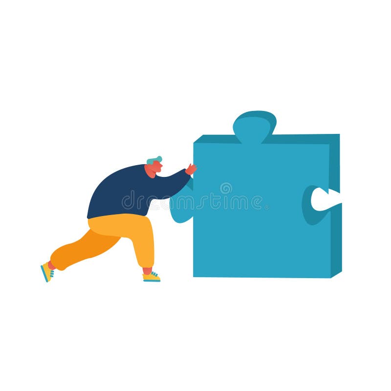 Om împingând mare piesă puzzle puzzle-ul izolat pe fond alb. compromisul soluțiilor de afaceri și rezolvarea problemelor royalty free illustration