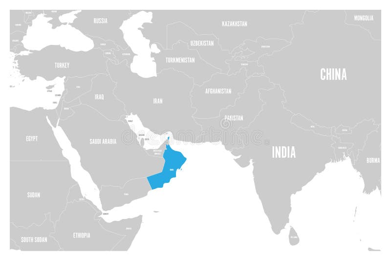 Oman blue marked in political map of South Asia and Middle East. Simple flat vector map