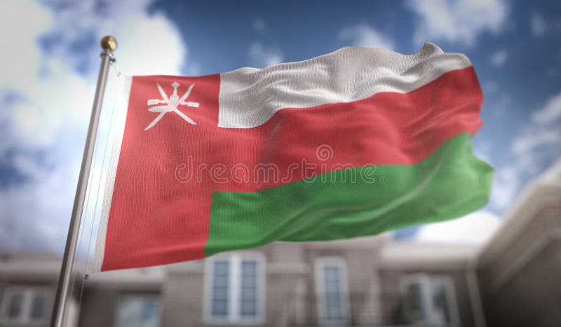 Oman Flag 3D Rendering on Blue Sky Building Background stock image