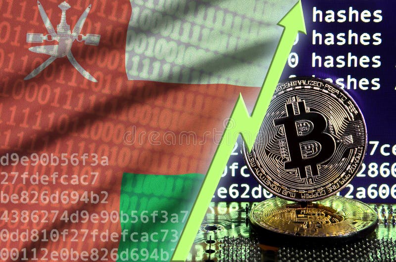 Oman flag and rising green arrow on bitcoin mining screen and two physical golden bitcoins royalty free stock photo