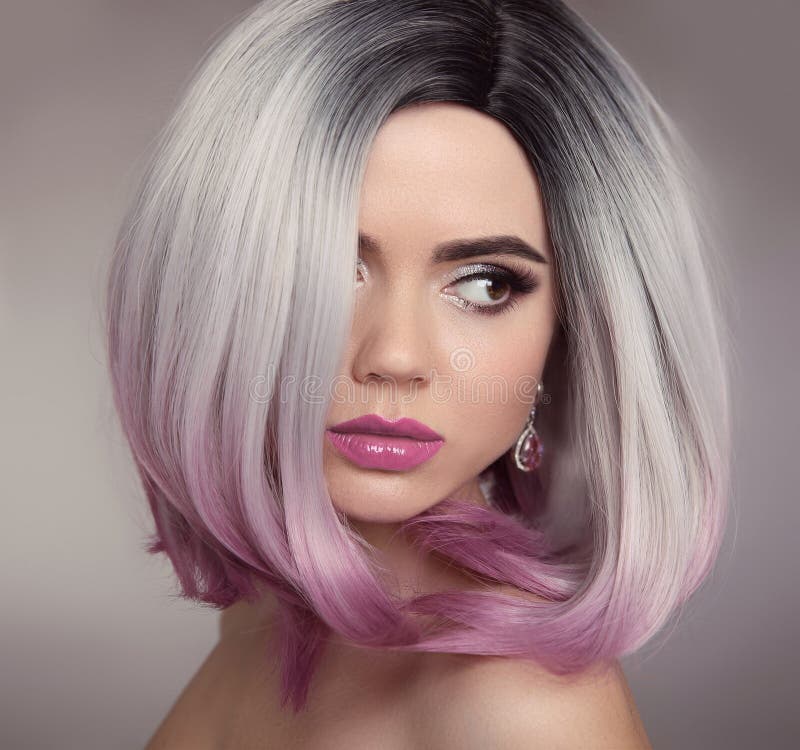 Ombre Bob Blonde Short Hairstyle. Purple Makeup Stock Image - Image of ...