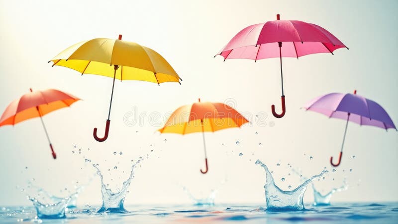 Ombrelli colorati con schegge d'acqua su fondo bianco. Ombrelli colorati con schegge d'acqua su oggetti di pioggia colorati di colore bianco a sfondo bianco hanno generato