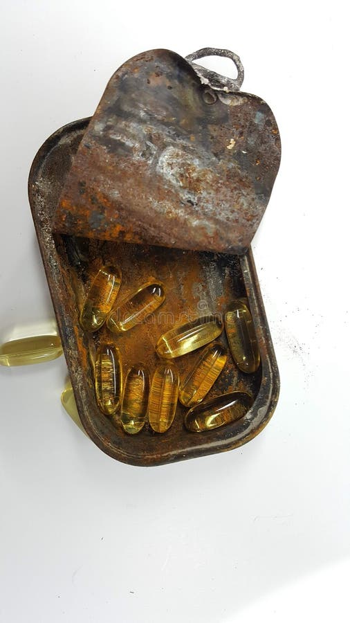 Omega 3 Capsules in an Opened Rusty Fish Can Stock Photo Image of