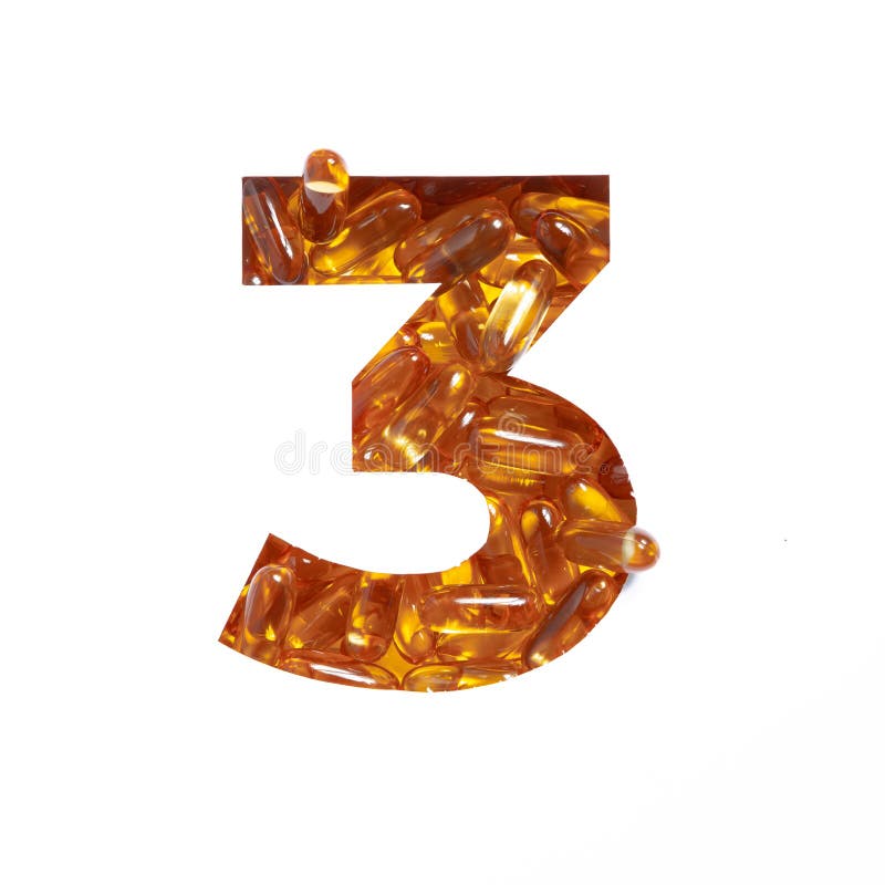 Omega supplement. Number three made of fish oil pills and paper cut in shape of third numeral isolated on white. High quality photo. Omega supplement. Number three made of fish oil pills and paper cut in shape of third numeral isolated on white. High quality photo