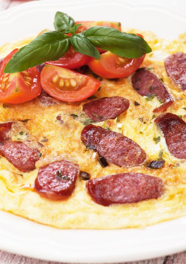 Omelet with Pepperoni Sausage and Cherry Tomato Stock Photo Image of
