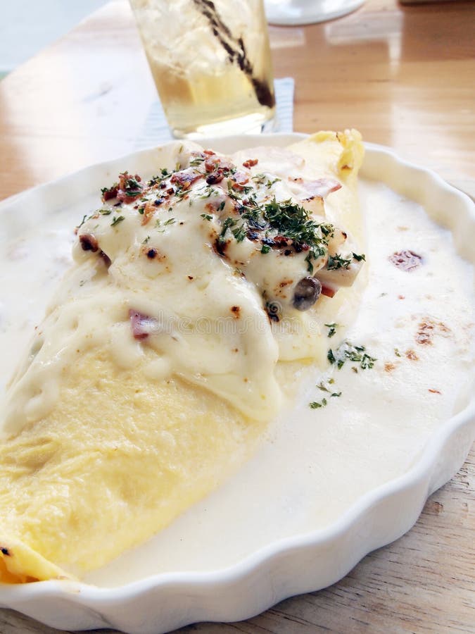 Omelet Rice & Cream Cheese, Ham Stock Photo Image of tablecloth, wood
