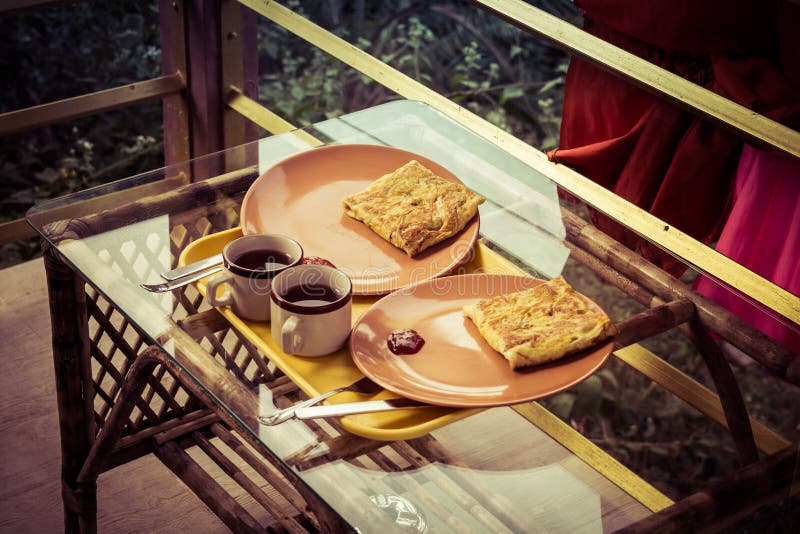 Omelet with Toast and Tea. Typical Breakfast in Goa Hotels Stock Image