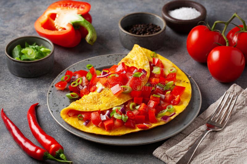 Omelette with Tomato, Bell Pepper Onion Chili and Cheese. Healthy