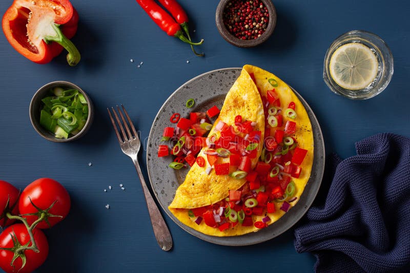 Omelette with Tomato, Bell Pepper Onion Chili and Cheese. Healthy