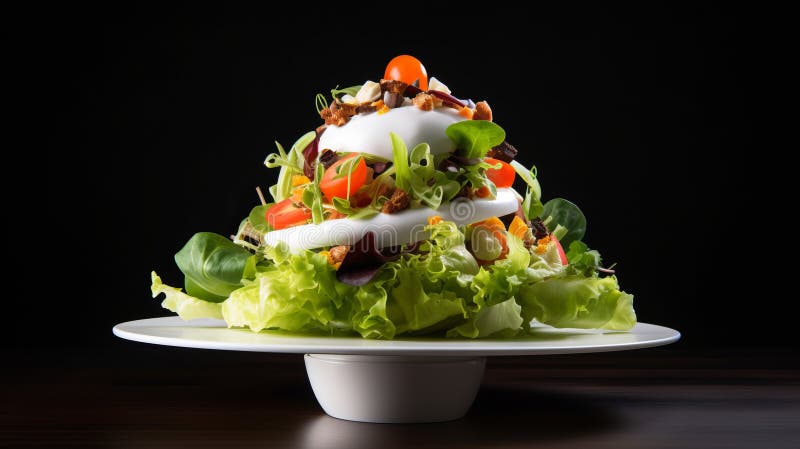 Omfattande salladstorn med tomatsallat och tomatberedning. En salladsfloat i luften som lockar kunder med sin skicklighet. Med vår produktfotografi fångas varje detalj upp som visar den höga kvaliteten på det kulinariska skapandet. Med en enkel och inbjudande annonsering får vårt vita utrymme och ultrarebildskärmsstativ din kaka att framstå som en varm och lockande stämning för dina kunder. Låt vår klara ljus- och högdetaljafilm genereras