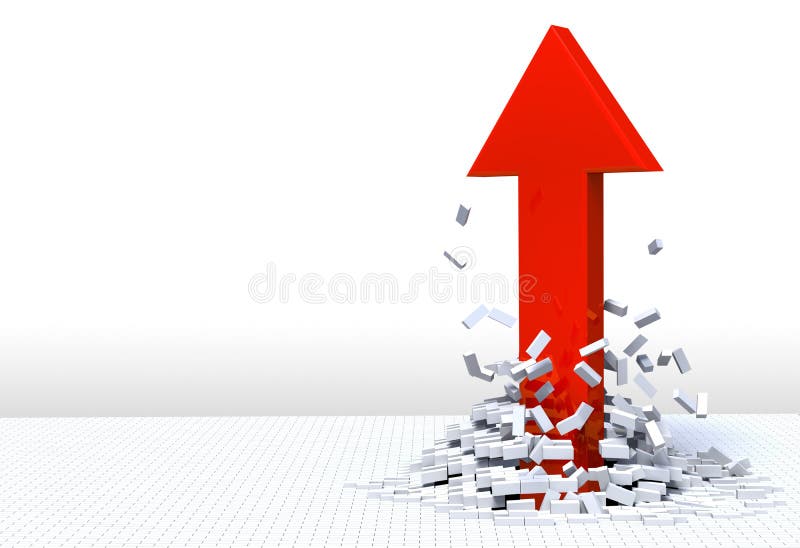 3D illustration of red arrow shooting up and breaking through a white brick floor. 3D illustration of red arrow shooting up and breaking through a white brick floor.