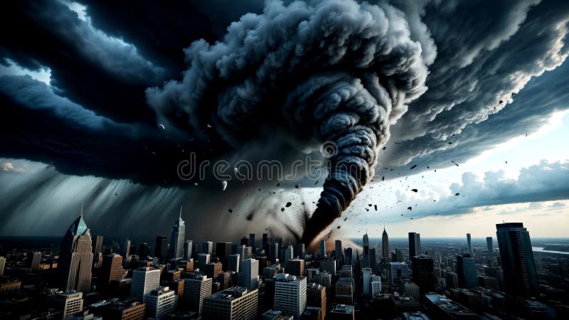 Ominoso tornado cerca de una moderna ciudad de gran impacto ilustración del vector