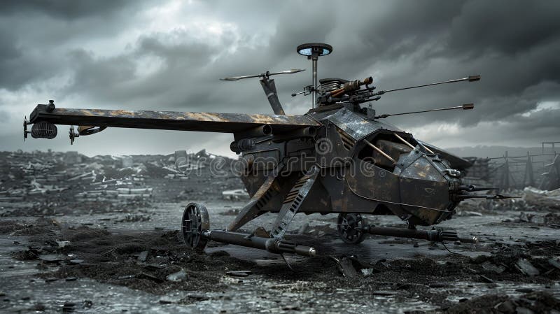 Ominous Mechanical Guardian Drone Patrolling Post Apocalyptic Wasteland with Rusted Metallic Body stock illustration