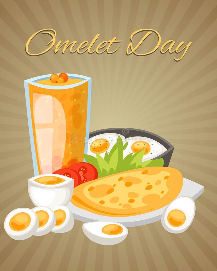 Omelet day poster vector illustration. Boiled, fried and scrambled eggs with vegetables such as slices of tomato, salad. Glass of juice from sea buckthorn. Healthy and tasty breakfast. Omelet day poster vector illustration. Boiled, fried and scrambled eggs with vegetables such as slices of tomato, salad. Glass of juice from sea buckthorn. Healthy and tasty breakfast.