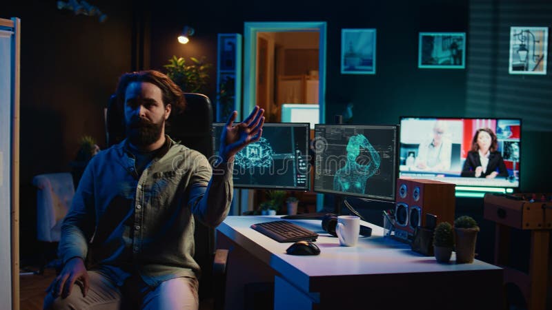 Omniscient evil sentient AI possessing developer, SF dystopian concept royalty free stock photos