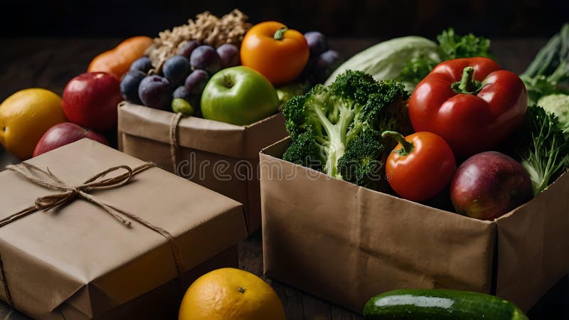 Omsorgsfullt förpackad : en korg av färska frukter och grönsaker som är klara att levereras vektor illustrationer