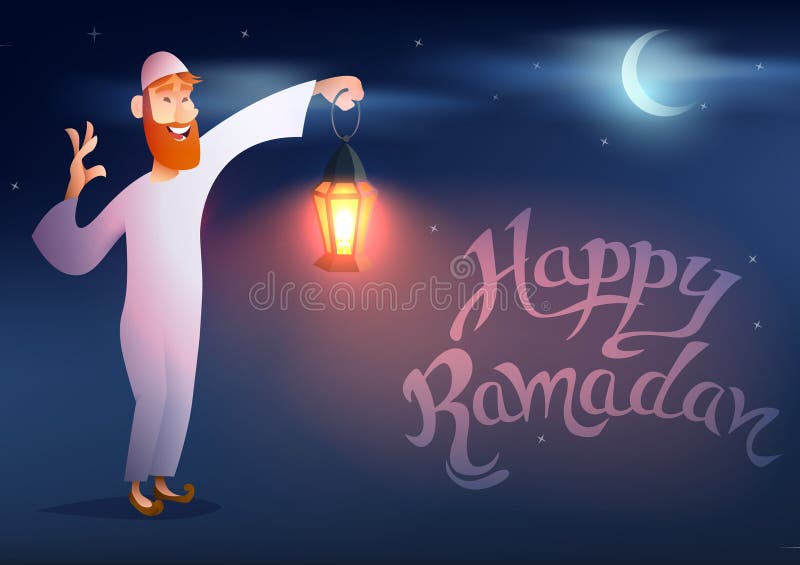 Omul arab păstrează felinarul ramadan colorat aprins vector illustration