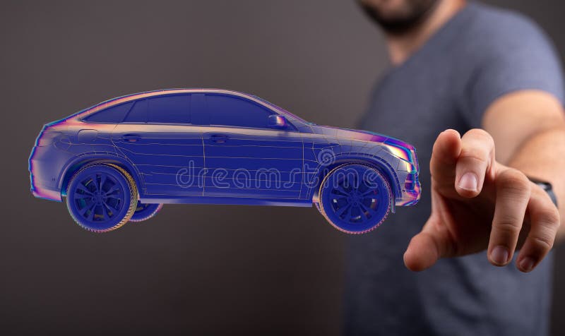 Omul care se ocupă de o redare 3d a unei mașini holografice plutitoare inteligente vector illustration
