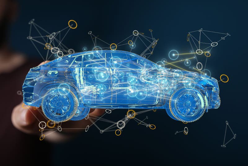 Omul care se ocupă de o redare 3d a unei mașini holografice plutitoare inteligente stock illustration