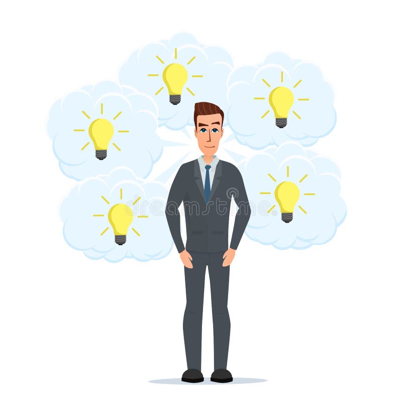 Omul de afaceri crede multe idei sub forma unei afaceri cu lămpi vector illustration