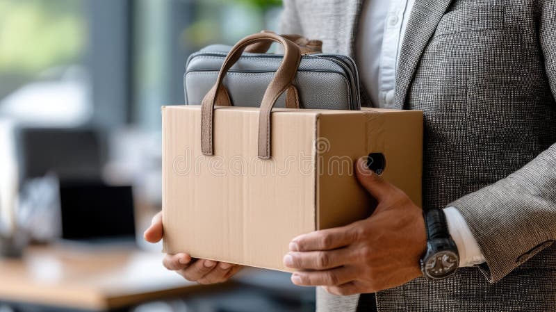 Omul de afaceri stă cu o cutie de carton umplută cu obiecte de birou care se pregătesc să părăsească spațiul său de lucru după ce stock images