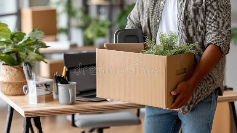 Omul de afaceri stă cu o cutie de carton umplută cu obiecte de birou care se pregătesc să părăsească spațiul său de lucru după ce royalty free stock photography