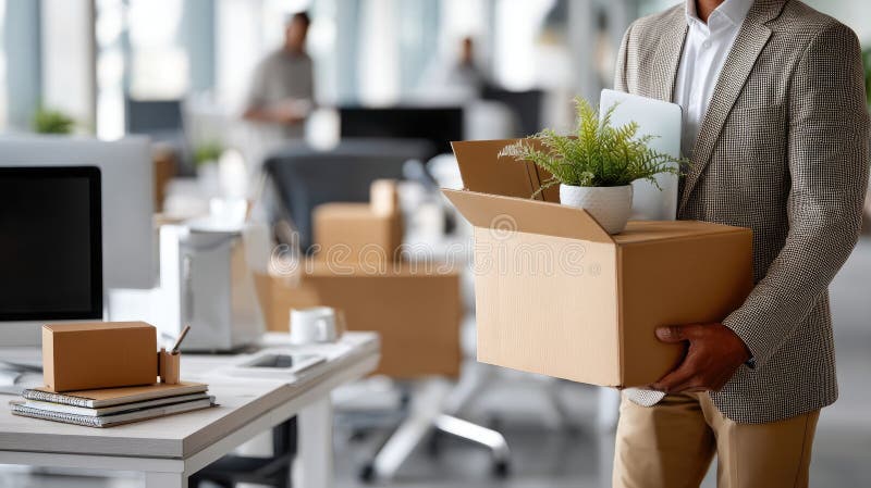 Omul de afaceri stă cu o cutie de carton umplută cu obiecte de birou care se pregătesc să părăsească spațiul său de lucru după ce stock image