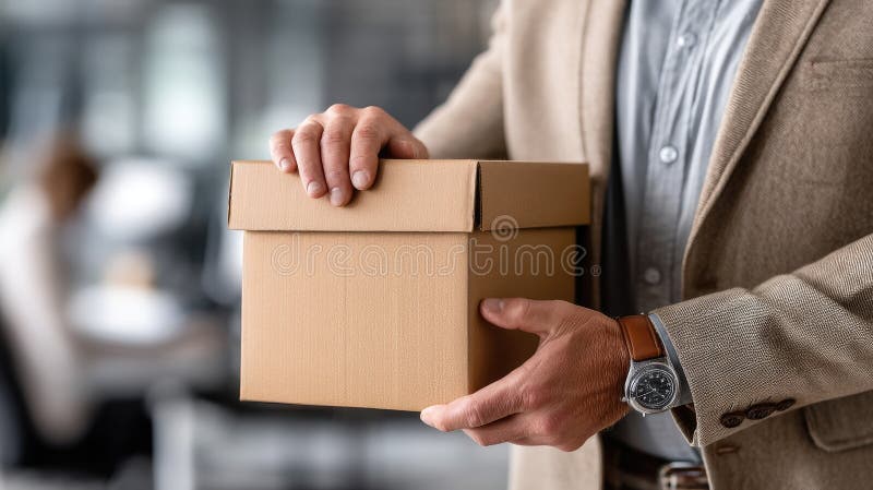 Omul de afaceri stă cu o cutie de carton umplută cu obiecte de birou care se pregătesc să părăsească spațiul său de lucru după ce stock photos