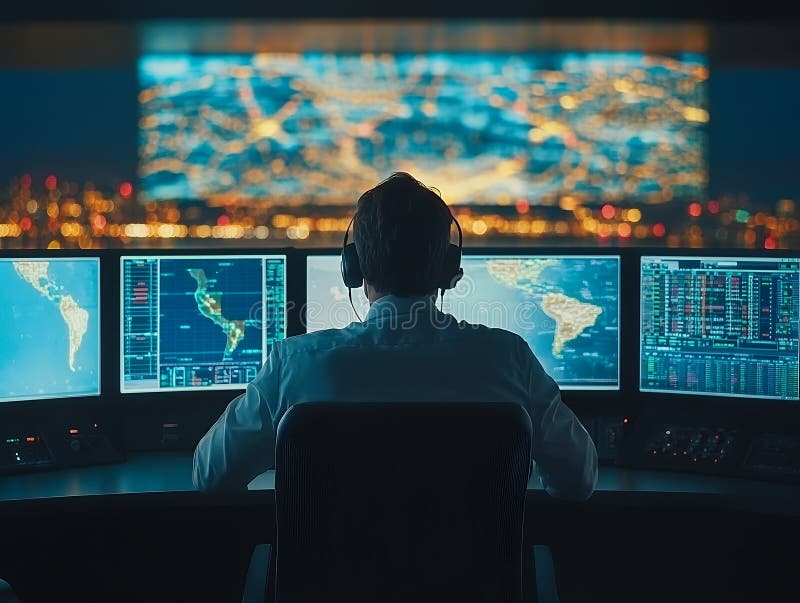 Omul dintr-o cameră de control care monitorizează mai multe ecrane care afișează hărți și date pe timp de noapte, asigurând securitatea și analiza. IA generat
