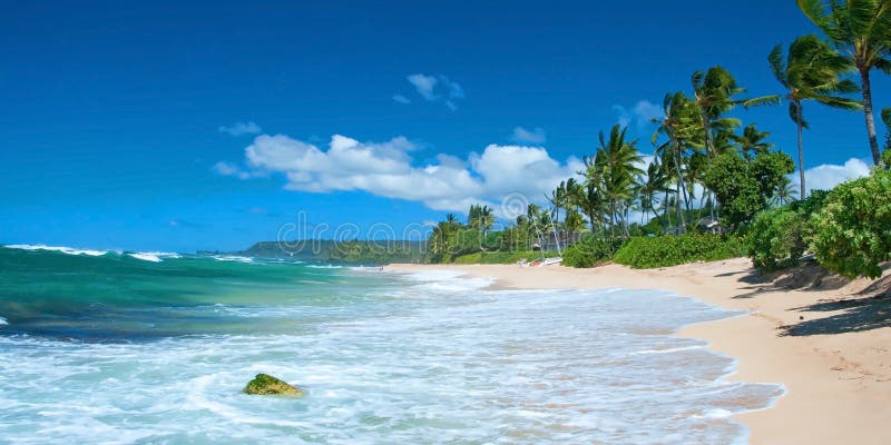 Onaangeroerd zandig strand met palmenbomen en azuurblauwe oceaan in backgr
