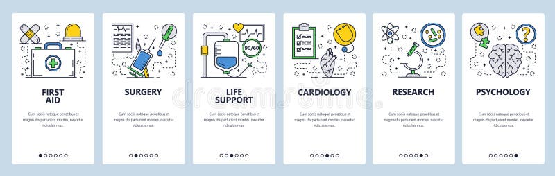 Onboarding Schirme der Website Erste Hilfe, medizinische Klinik, Krankenhaus, Chirurgie Menüvektor-Fahnenschablone für Website un stock abbildung Onboarding Schirme der Website Erste Hilfe, medizinische Klinik, Krankenhaus, Chirurgie Menüvektor-Fahnenschablone für Website un stock abbildung