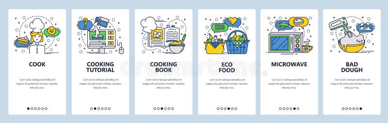 Onboarding Schirme der Website Kochen des Buches und des on-line-Rezepts, biologisches Lebensmittel Menüvektor-Fahnenschablone fü stock abbildung Onboarding Schirme der Website Kochen des Buches und des on-line-Rezepts, biologisches Lebensmittel Menüvektor-Fahnenschablone fü stock abbildung
