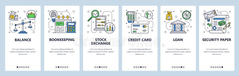 Onboarding Schirme des mobilen App Finanzdienstleistungen, Darlehen von Kreditinstituten, Buchhaltung und Kreditkartezahlung Menü lizenzfreie abbildung Onboarding Schirme des mobilen App Finanzdienstleistungen, Darlehen von Kreditinstituten, Buchhaltung und Kreditkartezahlung Menü lizenzfreie abbildung
