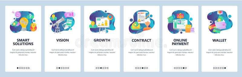 Onboarding skärmar för webbplats Online-shopping, affärsdiagram, pengarbetalning och plånbok Mall för menyvektorbaner för royaltyfri illustrationer Onboarding skärmar för webbplats Online-shopping, affärsdiagram, pengarbetalning och plånbok Mall för menyvektorbaner för royaltyfri illustrationer