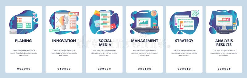 Экраны мобильного приложения onboarding Руководство бизнесом и стратегия строгая, онлайн болтовня, сообщения, социальные средства иллюстрация вектора