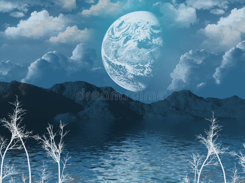 blue moon over mountains and water