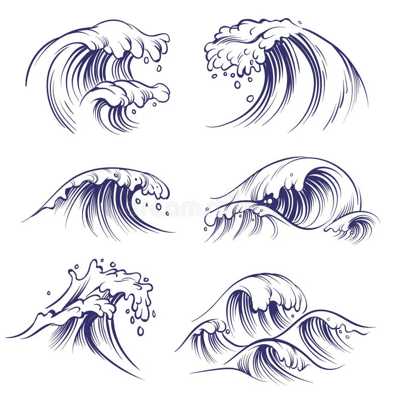Sketch wave. Ocean sea waves splash. Hand drawn surfing storm wind water doodle vector set. Sketch wave. Ocean sea waves splash. Hand drawn surfing storm wind water doodle vector set