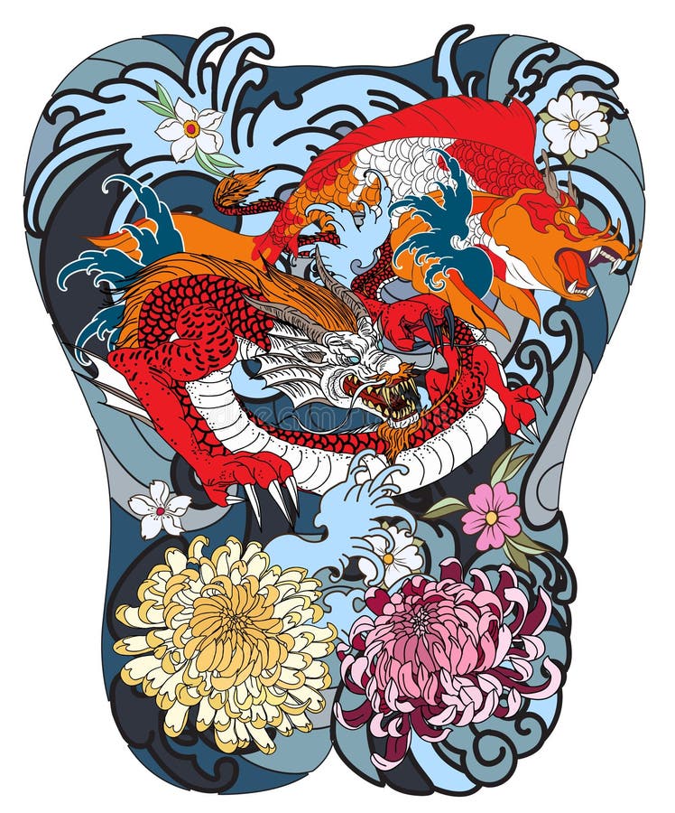 Onda do japonês para a tatuagem entregue peixes tirados do dragão e do koi com tatuagem da flor para a parte traseira ilustração do vetor Onda do japonês para a tatuagem entregue peixes tirados do dragão e do koi com tatuagem da flor para a parte traseira ilustração do vetor