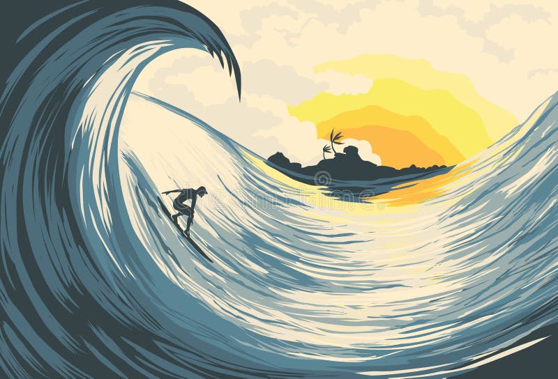 Onda y persona que practica surf tropicales de la isla ilustración del vector Onda y persona que practica surf tropicales de la isla ilustración del vector