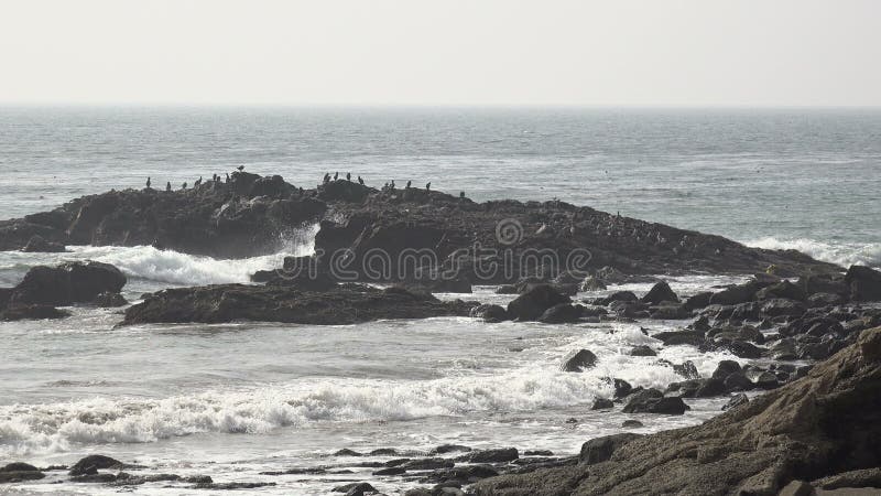 Ondas caindo em costa numa praia rochosa