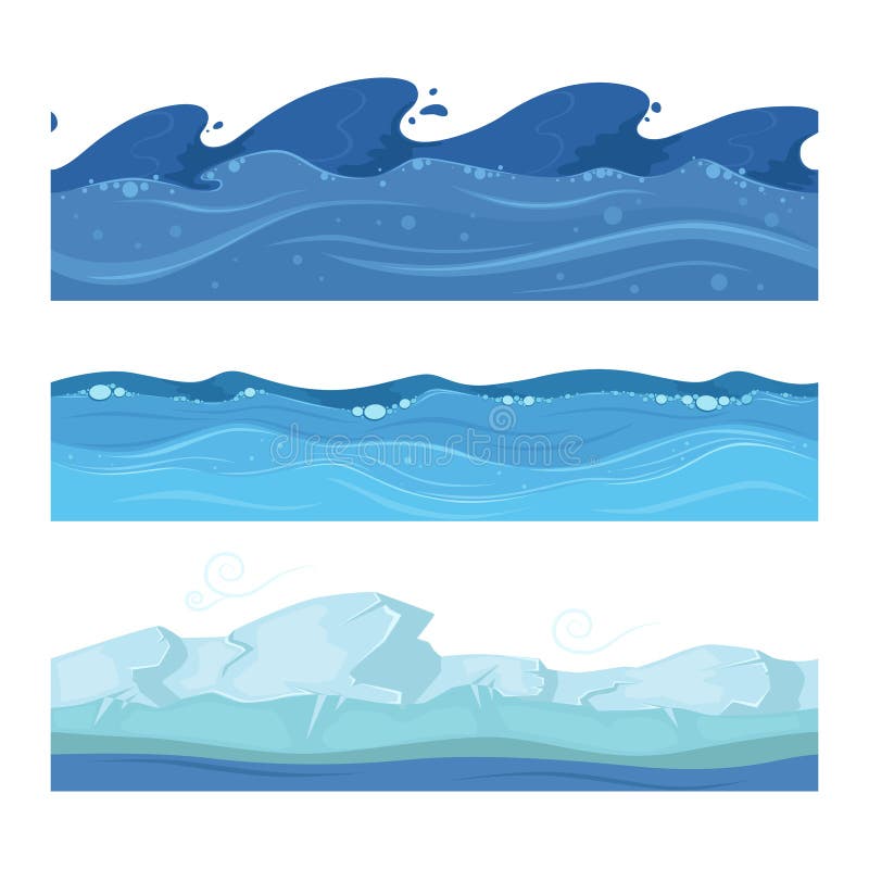 Ondas de la agua del océano o de mar Sistema del vector de los modelos inconsútiles horisontal para los juegos del ui ilustración del vector Ondas de la agua del océano o de mar Sistema del vector de los modelos inconsútiles horisontal para los juegos del ui ilustración del vector