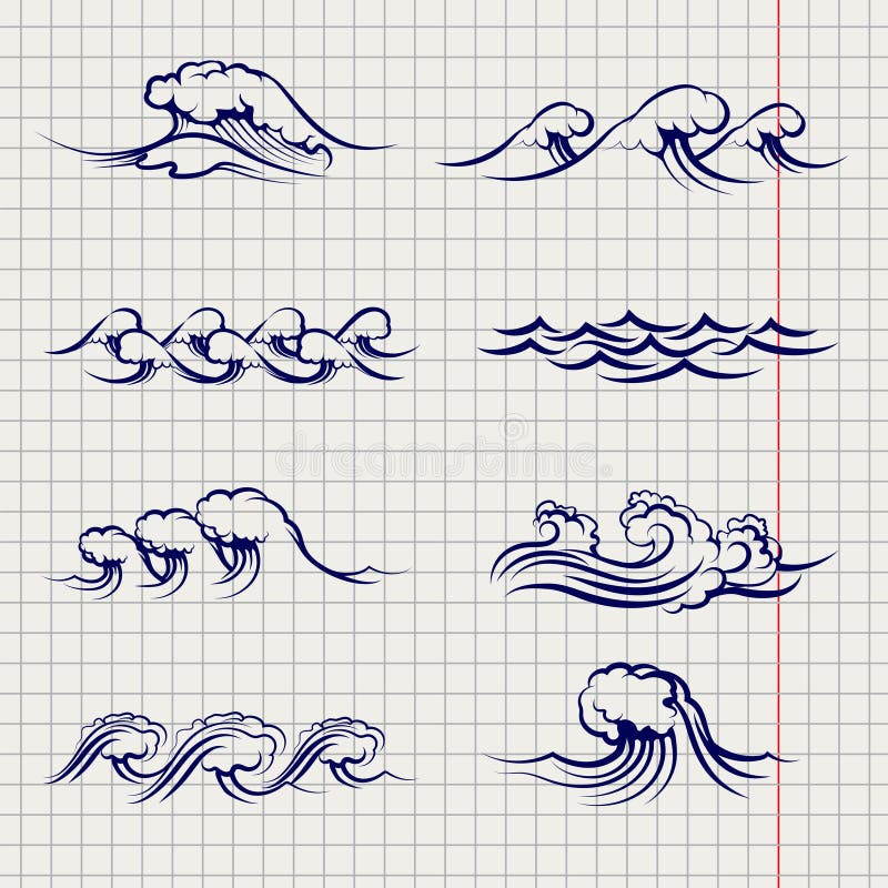 Ondas del bosquejo fijadas en la página del cuaderno stock de ilustración Ondas del bosquejo fijadas en la página del cuaderno stock de ilustración