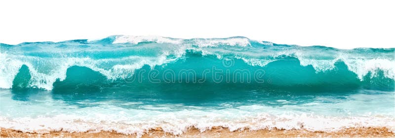 Ondas do mar do azul e da cor de água-marinha e areia amarela com a espuma branca isolada no fundo branco Fundo marinho da praia