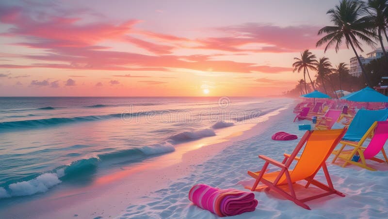 Ondate galleggianti contro una spiaggia sabbiosa durante il tramonto. Il cielo è fatto di colori color arancio rosa e viola. illustrazione vettoriale