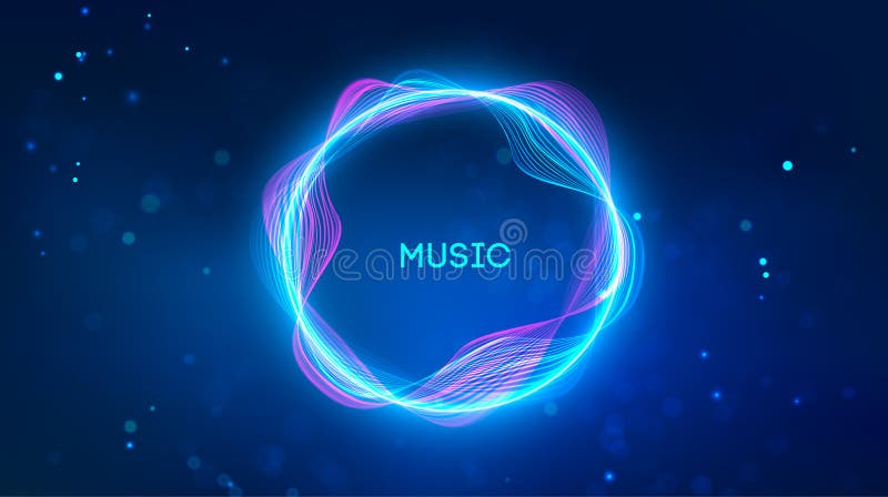 Ondate musicali di sottofondo audio. Circolo musicale con tecnologia neonatale futuristica. Sfondo della curva dell'onda sonora ra illustrazione vettoriale